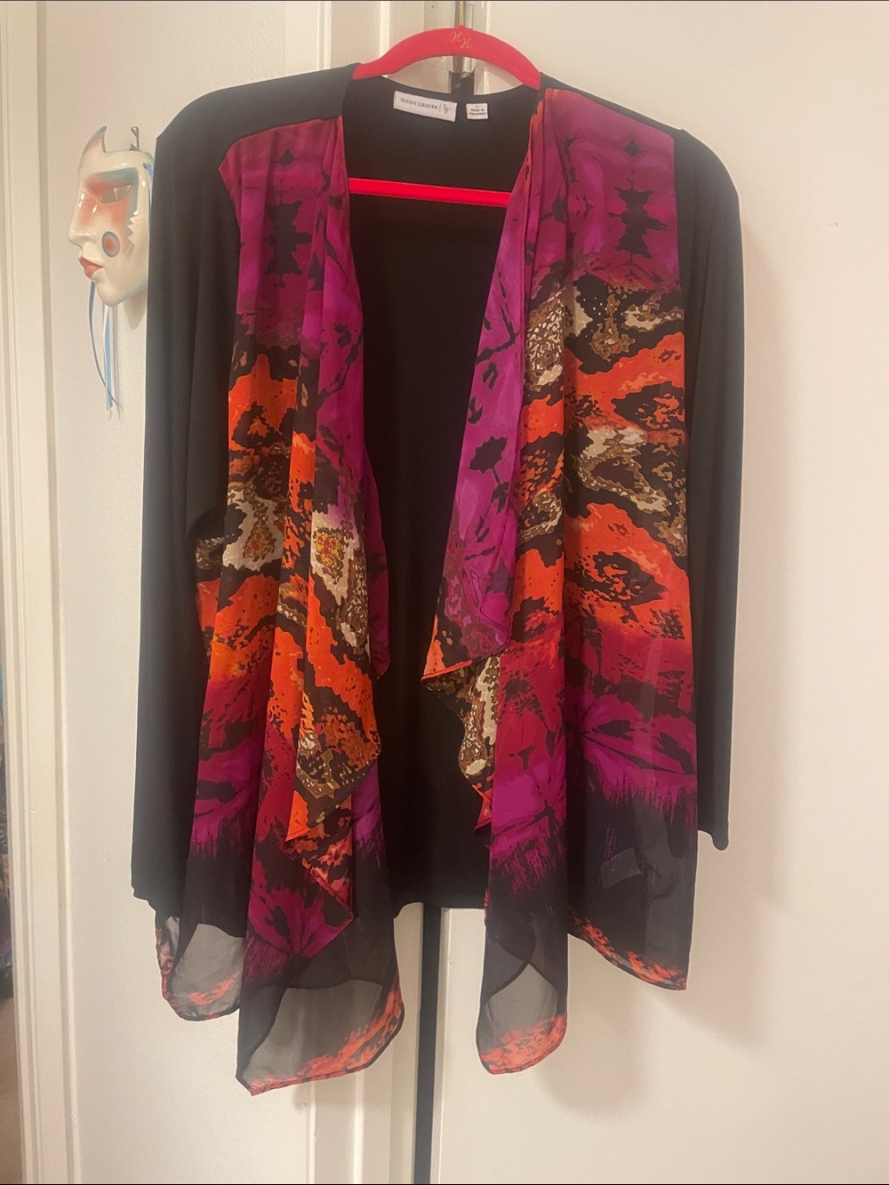 Pretty Susan Graver Black Cardigan with Pink & Orange Draped Print Scarf Large